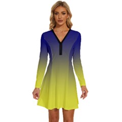 Navy Blue To Electric Yellow Linear Gradient Long Sleeve Deep V Mini Dress  by GradientsOmbre