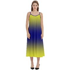 Electric Yellow To Navy Blue Bilinear Gradient Casual Spaghetti Strap Midi Dress by GradientsOmbre