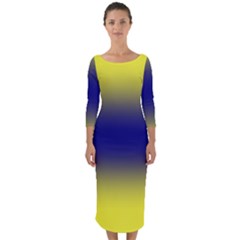 Electric Yellow To Navy Blue Bilinear Gradient Quarter Sleeve Midi Bodycon Dress by GradientsOmbre