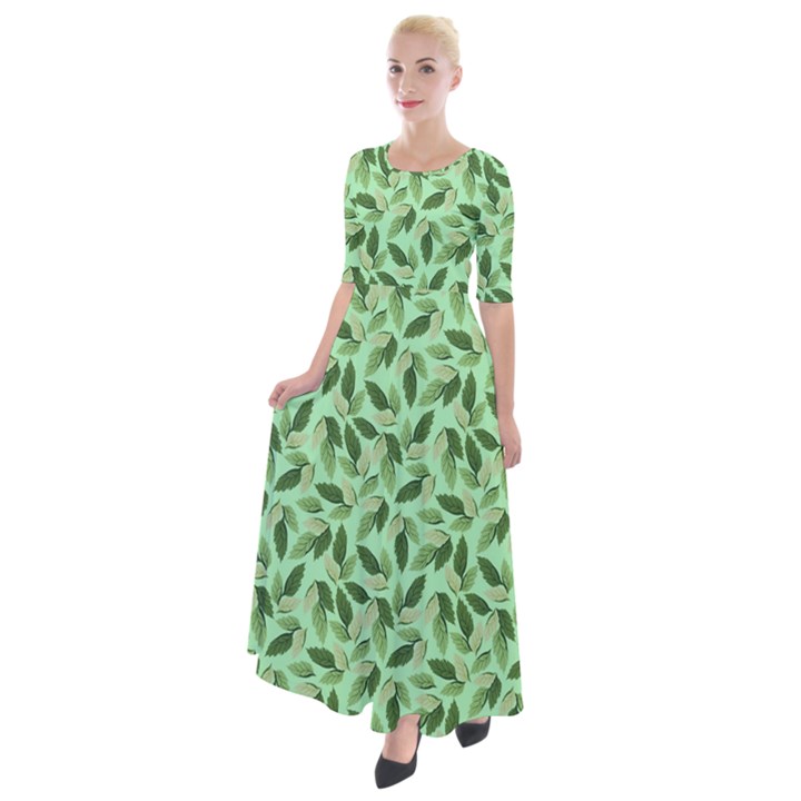 Leaves Pattern Texture Seamless Half Sleeves Maxi Dress