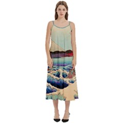 Wave Japanese Mount Fuji Ocean Casual Spaghetti Strap Midi Dress by Bedest