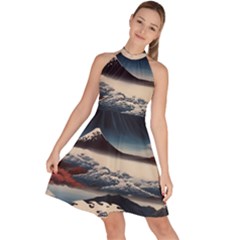 Hokusai Moutains Japan Sleeveless Halter Neck A-line Dress by Bedest