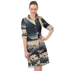 Hokusai Moutains Japan Long Sleeve Mini Shirt Dress by Bedest