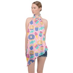 Ice Cream Donut Sweets Candie Halter Asymmetric Satin Top by Apenda