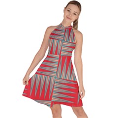 Zigzag Pattern Chevron Red Sleeveless Halter Neck A-line Dress by Bedest