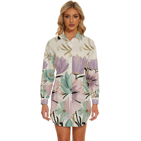 Flowers Pattern Floral Womens Long Sleeve Shirt Dress by Sabxi