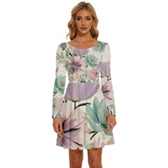 Flowers Pattern Floral Long Sleeve Wide Neck Velvet Dress by Sabxi