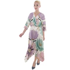 Flowers Pattern Floral Quarter Sleeve Wrap Front Maxi Dress by Sabxi