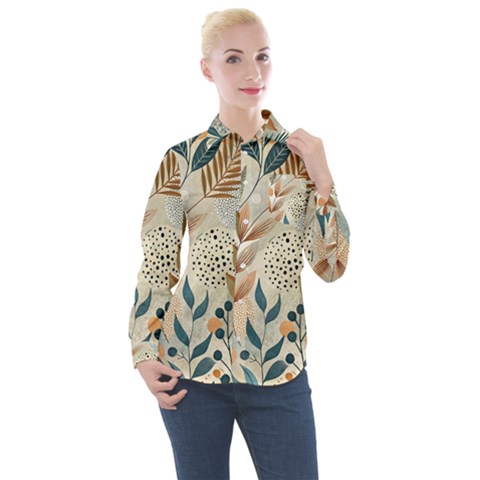 Leaves Pattern Flora Women s Long Sleeve Pocket Shirt by Sabxi