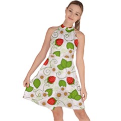 Strawberry Fruit Pattern Leaves Sleeveless Halter Neck A-line Dress by Sabxi