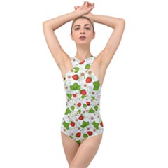 Strawberry Fruit Pattern Leaves Cross Front Low Back Swimsuit by Sabxi