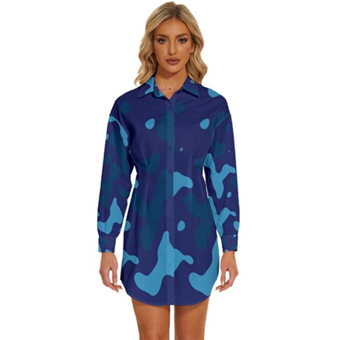 Blue Camouflage Pattern Womens Long Sleeve Shirt Dress by kyorashop23