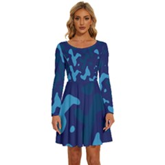 Blue Camouflage Pattern Long Sleeve Wide Neck Velvet Dress by kyorashop23