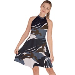 Blue Winter Camouflage, Military Camouflage Sleeveless Halter Neck A-line Dress by kyorashop23