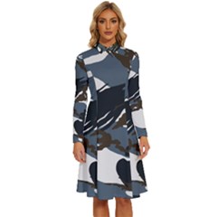 Blue Winter Camouflage, Military Camouflage Long Sleeve Shirt Collar A-line Dress by kyorashop23