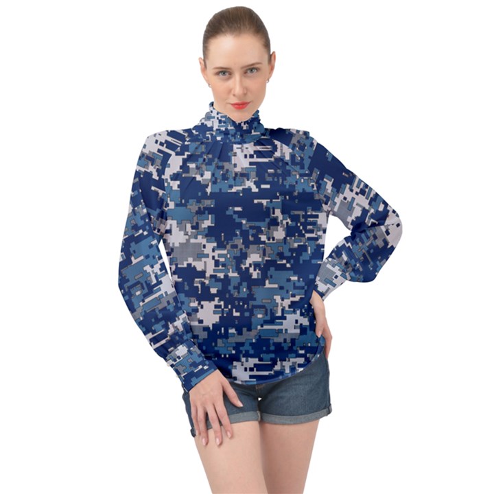 Blue, Camouflage, Cool, Navy, New, Pattern High Neck Long Sleeve Chiffon Top