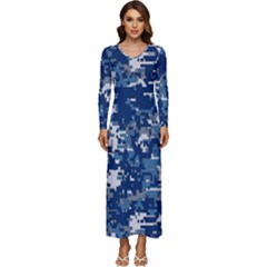 Blue, Camouflage, Cool, Navy, New, Pattern Long Sleeve Longline Maxi Dress by kyorashop23