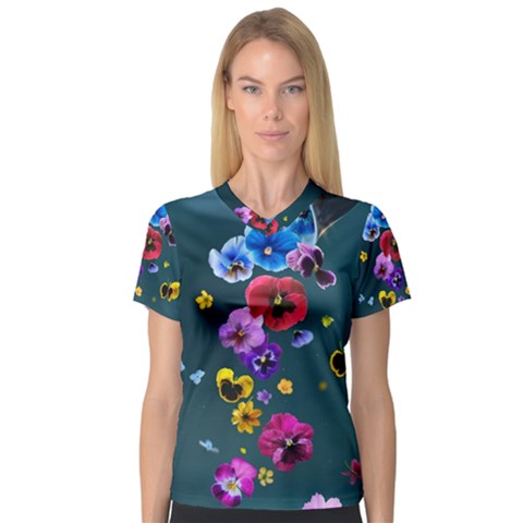 Falling Flowers, Art, Coffee Cup V-neck Sport Mesh T-shirt by kyorashop23