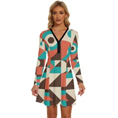 Retro Colorful Background, Retro Abstraction Long Sleeve Deep V Mini Dress  by kyorashop23