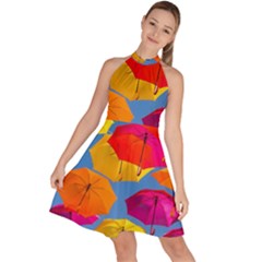 Umbrella, Colorful, Positive, Sky, Rainbow Sleeveless Halter Neck A-line Dress by kyorashop23