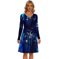 Tardis Doctor Who Space Galaxy Long Sleeve Dress With Pocket by Cemarart