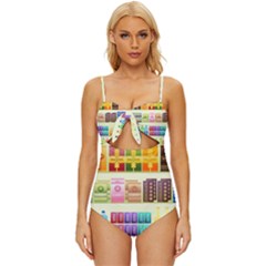 Supermarket Shelf Products Snacks Knot Front One-piece Swimsuit by Cemarart