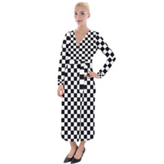 Pattern Checkered Squares Black White Pattern Velvet Maxi Wrap Dress by Sabxi