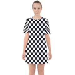 Pattern Checkered Squares Black White Pattern Sixties Short Sleeve Mini Dress by Sabxi