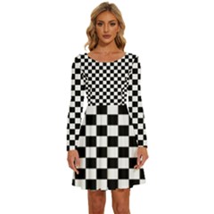 Pattern Checkered Squares Black White Pattern Long Sleeve Wide Neck Velvet Dress by Sabxi