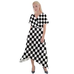 Pattern Checkered Squares Black White Pattern Cross Front Sharkbite Hem Maxi Dress by Sabxi