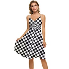 Pattern Checkered Squares Black White Pattern Sleeveless Tie Front Chiffon Dress by Sabxi