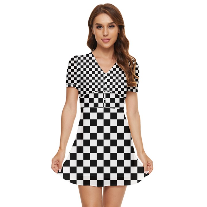 Pattern Checkered Squares Black White Pattern V-Neck High Waist Chiffon Mini Dress