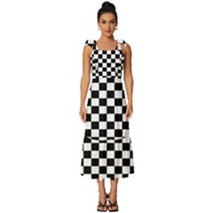 Pattern Checkered Squares Black White Pattern Tie-strap Tiered Midi Chiffon Dress by Sabxi