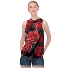 Red Roses High Neck Satin Top by Sabxi