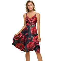 Red Roses Sleeveless Tie Front Chiffon Dress by Sabxi