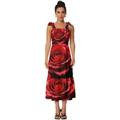 Red Roses Tie-strap Tiered Midi Chiffon Dress by Sabxi