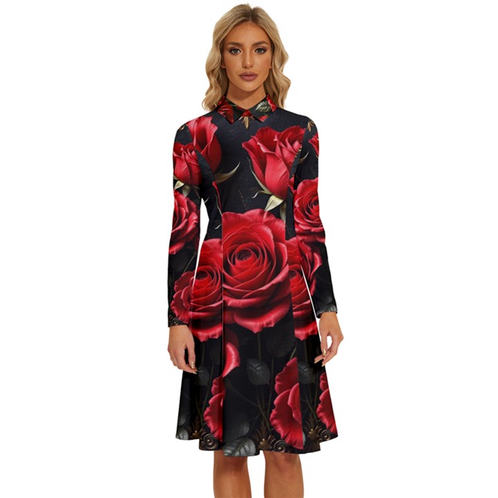 Red Roses Long Sleeve Shirt Collar A-Line Dress