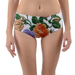 Embroidery Roses Floral Design Reversible Mid-waist Bikini Bottoms by Sabxi