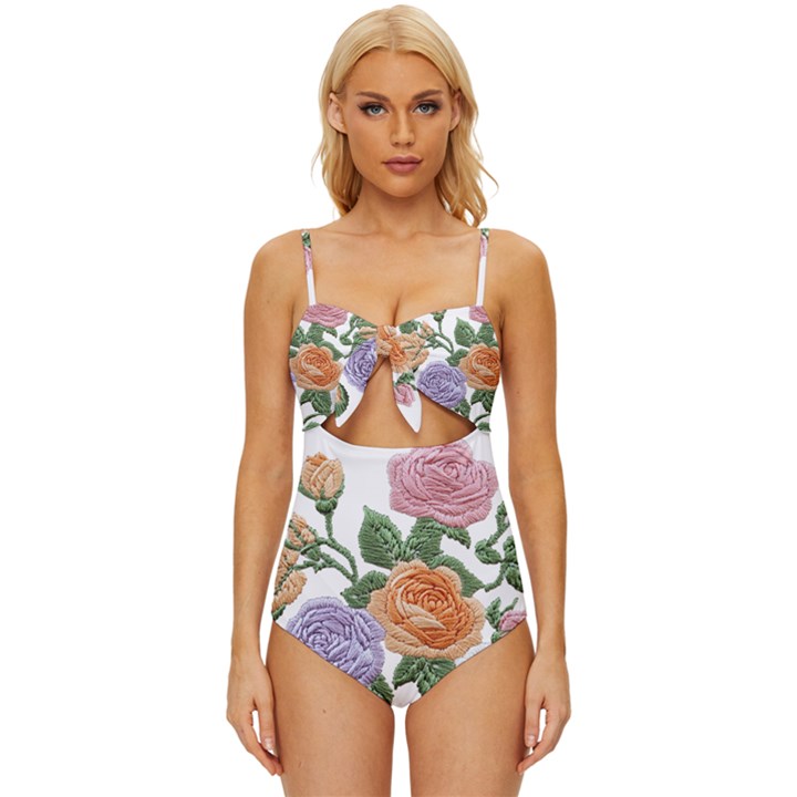 Embroidery Roses Floral Design Knot Front One-Piece Swimsuit