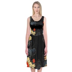 Korean Art Flowers Asian Pattern Midi Sleeveless Dress by Sabxi