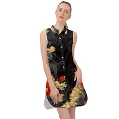 Korean Art Flowers Asian Pattern Sleeveless Shirt Dress by Sabxi