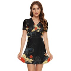 Korean Art Flowers Asian Pattern V-neck High Waist Chiffon Mini Dress by Sabxi