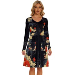 Korean Art Flowers Asian Pattern Long Sleeve Dress With Pocket by Sabxi