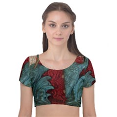 Cranes Velvet Short Sleeve Crop Top  by bestdesignintheworld