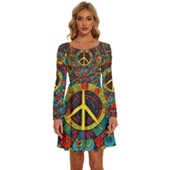 Peace Abstract Pattern Creative Drawing Long Sleeve Wide Neck Velvet Dress by Posterlux