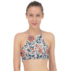 Retro Scandinavian Nordic Flowers Pattern Halter Bikini Top by violetheavensky