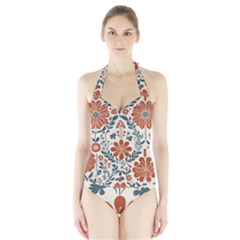 Retro Scandinavian Nordic Flowers Pattern 3 Halter Swimsuit by violetheavensky