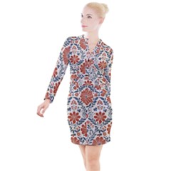 Retro Scandinavian Nordic Flowers Pattern 3 Button Long Sleeve Dress by violetheavensky