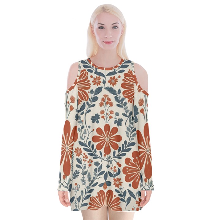 Retro Scandinavian Nordic Flowers Pattern 3 Velvet Long Sleeve Shoulder Cutout Dress