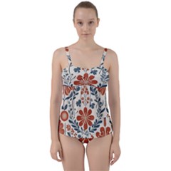 Retro Scandinavian Nordic Flowers Pattern 3 Twist Front Tankini Set by violetheavensky